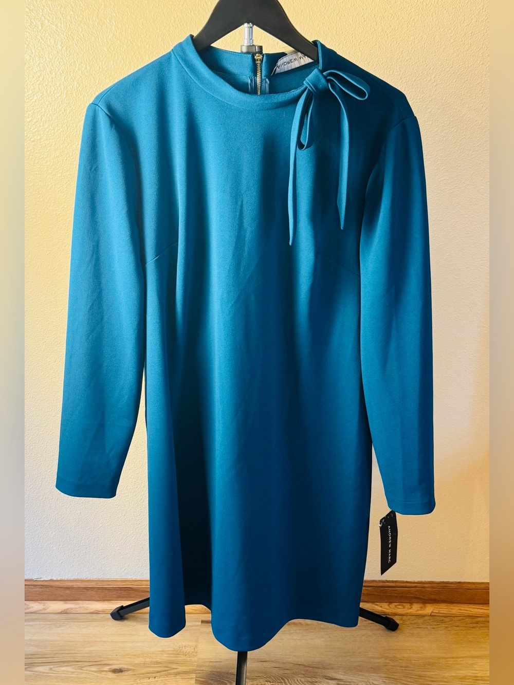 Andrew Marc Teal Blue Tie Neck A-Line Dress – Size 16 – NWT